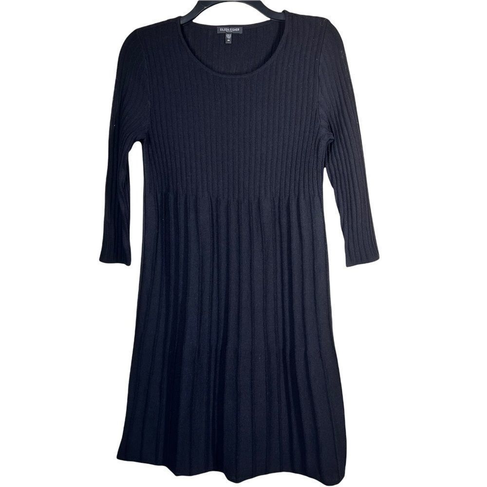 EILEEN Fisher Petite Womens Sz PP Black Pleated Pintuck Wool Dress
